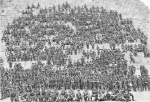 Group portrait of all the original officers and men of the 11th Battalion, 3rd Brigade, AIF, on the side of the Great Pyramid of Khufu (Cheops) near Mena camp. The Australian War Memorial had identified the soldier circled as Sergeant John (Jack) Wright, formerly of Buckaroo, near Mudgee (circled). A large version of this photograph is on display at Club Mudgee. Courtesy of the Australian War Memorial Accession No: P05717.001